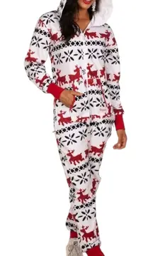 Tipsy Elves Womens M Red White Fair Isle Reindeer Hooded Fleece Onesie Jumpsuit