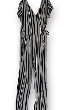 Derek Heart Plus 1X Black White Faux Wrap Tie Waist Jumpsuit Stripe Stretch