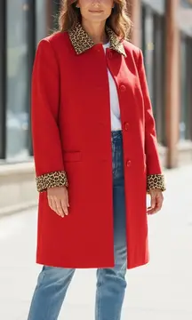 Elegant Red Trench Coat with Leopard Details