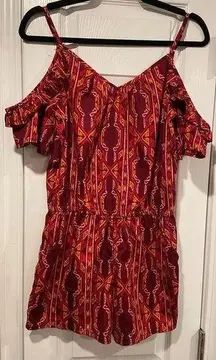 Arizona Jeans Size S Cold Shoulder Romper Purple Tribal Print Shorts Ruffle