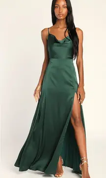 NWT Lulus Formal Invitation Emerald Green Satin Cowl Neck Maxi Dress Wedding S