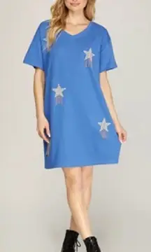 RHINESTONE STUDDED STAR FRINGE V NECK‎ KNIT DRESS blue Women’s SIZE 1X western