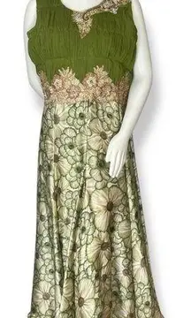 Indian Dress Rhinestones Floral Size XL Green Ruched Top Maxi Floral Embellished