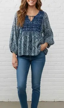 Sigrid Olsen Peasant Top M Blue Embroidered Tassel Tie Neck Balloon Sleeve