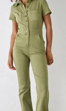 Urban Outfitters Emma Denim Flared Jumpsuit Women S Olive Green Utility Stretch