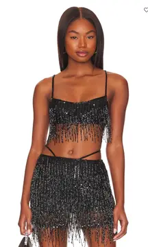 NBD Lanni Sequin Tassel Black Bra Top Size S Party Festival