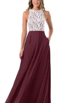 Azazie  Kate dress in Cabernet (maxi lace bodice high neck wine red formal)