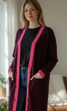 NWOT TALBOTS V-NECK CARDIGAN - TIPPED Contrast Embellished Gold Button Relax M