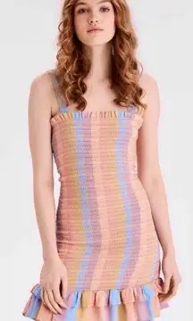 Mini Dress Small Striped Pastel Rainbow Bodycon Smocked Ruffled