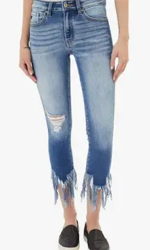 Kancan Women's Mid Rise Distressed Fringed Hem Ankle 3/25