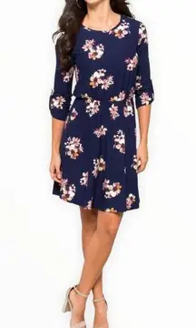 French Grey Murphy Brushed Knit Dress in Navy Floral Elbow Sleeve size Small