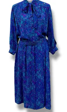 Vintage Willi Size M Blue Belted Midi Dress Brooch USA Secretary