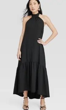 NEW A NEW DAY Halter High Low Black Dress Size Small Tiered Bottom Elastic Back