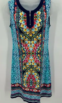 Rafaella Dress Women’s S Blue Multicolored Kalaeidescope Print Zipper Sleeveless 