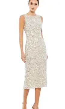 Mac Duggal NEW Size 2 Sleeveless Sequined Midi Sheath Dress 5526 Silver Nude