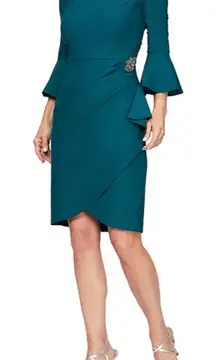 Alex Evenings Scuba Compression 3/4 Sleeve Ruffle Sheath Dress Teal size 2
