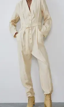 Zara Womens Long Belted Jumpsuit Medium Cream Lyocell Blend Button Front Pleated