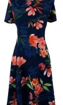 DKNY  Navy Orange Bold Floral Office To Date Night Dress NWOT