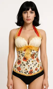 Vintage Handmade Floral Halter Lace-Up Corset Top with Ribbon Ties small