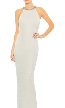 Mac Duggal White Beaded Sleeveless High Neck Column Dress Gown Size 8 C10