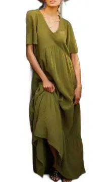 Anthropologie Lacausa Women's Size S Green Gauze Juniper Dress Tiered V Neck EUC