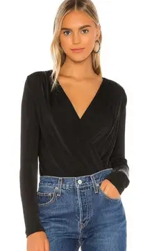 Free People Turnt Surplice-Neck Bodysuit Women's L Black Long Sleeves Pullover