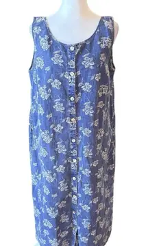 LL Bean Vintage Midi Dress Linen Cotton Floral Button Down Womens Medium Petite