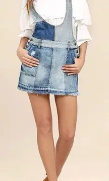 Free People Patchwork Blues Denim Pinafore Overall Skirtall Mini Skirt Size 0