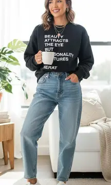 J.ING Jing Dark Gray Letters Print Cotton Sweatshirt Top Size L Preowned