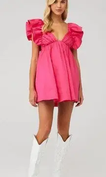 For Love & Lemons  Clementine Poplin Babydoll Mini Dress Ruffle Cap Sleeve Pink M