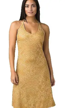 prAna Opal dress gold & pink print built in bra w/racer back sz Medium