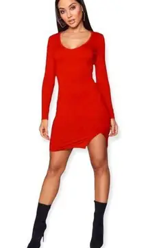 Boohoo 🆕 Long Sleeve Split Front Red Mini Dress