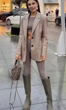 Zara FAUX LEATHER OVERSIZED BLAZER W/ POCKETS BUTTON CLOSURE BEIGE/TAN SZ S NEW