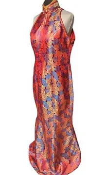 Vtg Y2K Red Blue Gold Metallic Floral Brocade Qipao Cheongsam Maxi Dress L 12