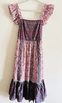 Haute Hippie‎ Maxi Dress Boho Flutter Sleeve Cotton Flounce Hem Floral Sz 12