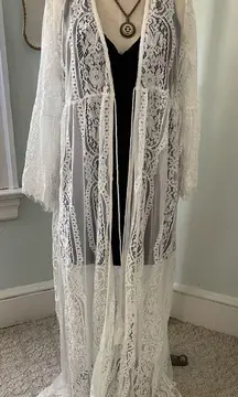 White lace mesh kimono cardigan cover up swim cover up
