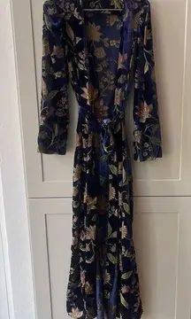 BCBG Maxazria Navy Floral Velvet Burnout Wrap Maxi Dress XXS Cardigan Boho Beach