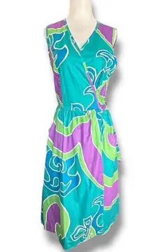 Vintage 70s Wrap Dress Bold Abstract Art Print Blue Purple Sleeveless V neck