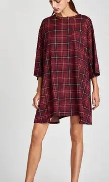 Zara Dress Plaid Oversized Short Sleeve T-Shirt Red‎ Check Dress Size Medium