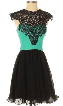 Chi Chi London Dress Mini Silhouette Lace Mini Short Sleeves Black Teal Size 2
