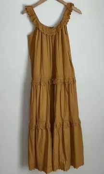 THE GREAT. Eyelet Magnolia Tiered Oversized Midi Dress Mustard Yellow Size S