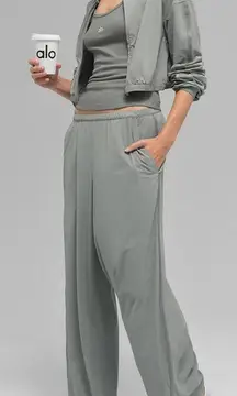 NWT ALO Yoga Women's Lunar Gray Wide Leg Pants & Zip up Jacket Set sz XXS-XS