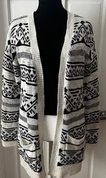 Pink Rose L open front cotton blend navy blue cream aztec longline cardigan