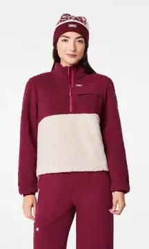 Figs On-Shift High Pile Fleece Pullover Jacket in Deep Cranberry, Size XXS