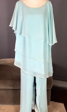 Women’s Blue 2 Piece Layered Asymmetrical Chiffon Formal Pant Suit Size 22W NEW