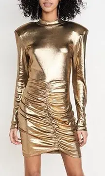 NWT Rotate Birger Christensen Minnie Metallic Gold Lame Mini Dress Ruched Liquid
