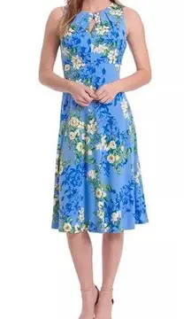 London Times Floral Dress Key Hole Size 12 Blue Knee Length NEW