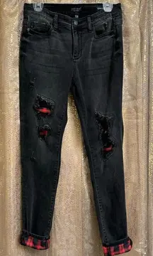 Judy Blue Black Destroyed Buffalo Plaid Patch Skinny Jeans 7/28