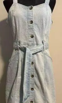 EUC So Overall Denim Jean Dress Button Down Light Wash Pockets Belted Size M