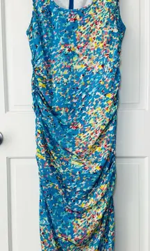 Tracy Reese Silk Blue Multicolor Sleeveless Ruched Midi Dress Artsy Size 12